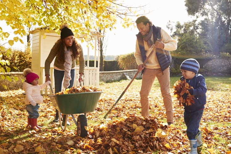 Family Raking Leaves To Check A Box Off Their Fall Cleaning Checklist