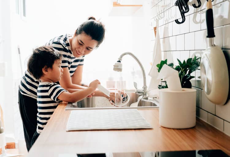 Mom Teaching Child To Do Dishes